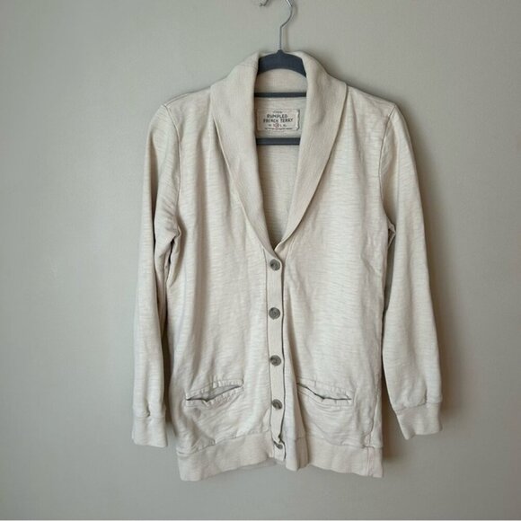 J.Crew Rumpled French Terry Cream Ivory Button Front Collar Cardigan Size Medium - Picture 1 of 6